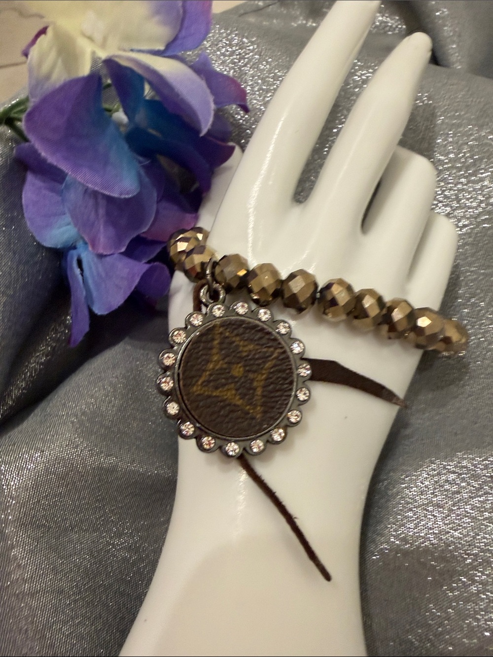 Authentic Upcycled Louis Vuitton Canvas Beaded Charm Bracelet